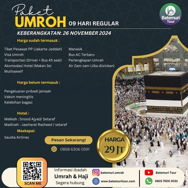Umrah Rabiul Akhir 1446 H, KUT Tour , Paket 9 hari , Keberangkatan 26 November 2024